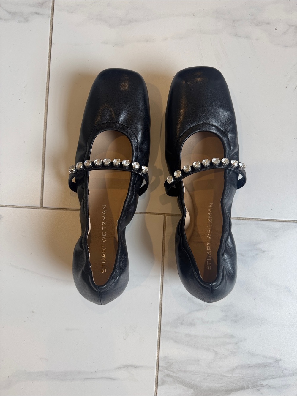 Stuart Weitzman Black Crystal-Strap Square-Toe Mary Janes